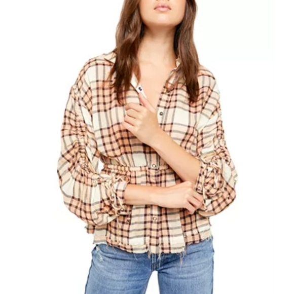 NWT! FREE PEOPLE size L plaid peach combo peplum top - Picture 1 of 8